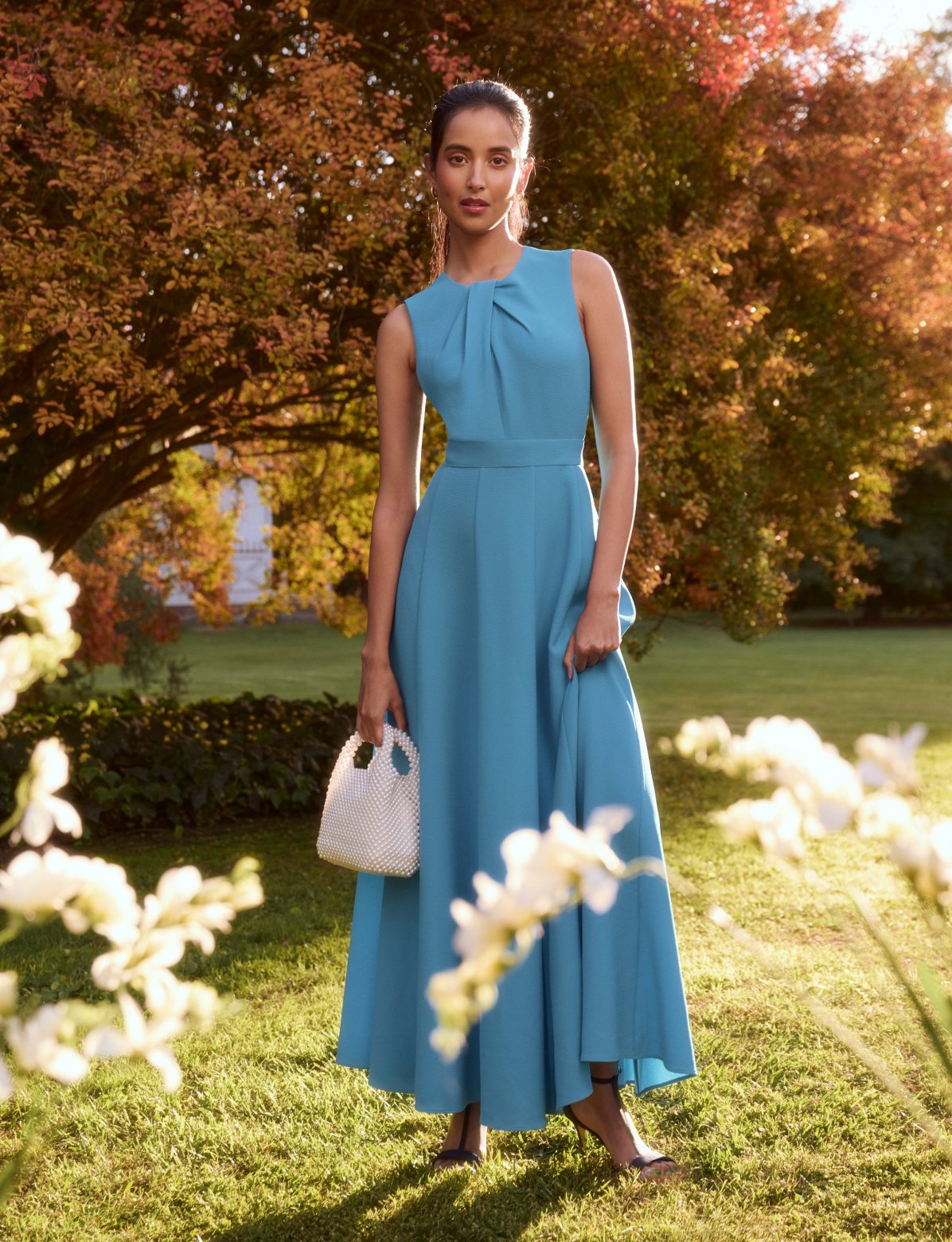 HOBBS MODEL WEARING BLUE OCCASION DRESS